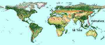 map showing early route of man and Mt Toba